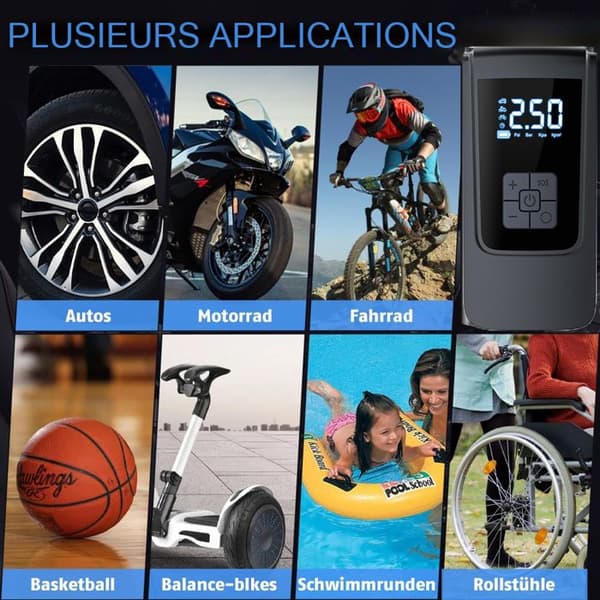 Luftkompressor, Mini Bærbar Dækpumpe, LCD-skærm og LED-lys med 4 tilstande, Elektrisk luftpumpe til bil, motorcykel osv.