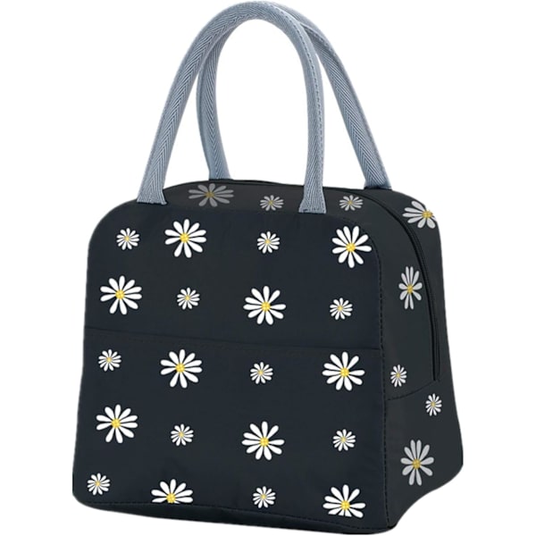 Bärbar Termisk Lunchväska Kylväska Daisy Mönster Lunchlåda Organizer Tote Väska för Vuxna Barn Flickor Arbete Skola Picknick Camping Resor (Svart)