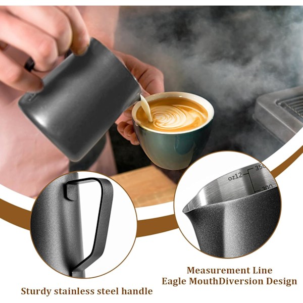 600ml /20oz Mjölkkanna för Kaffemaskin, Mjölkkanna med Mätmarkering och Dekorationspenna för Latte Art och Cappuccino Kaffe, Svart 600ml