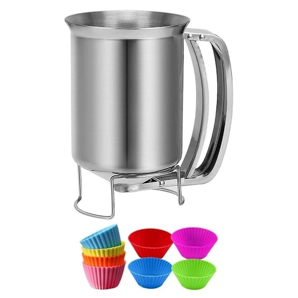 2-i-1 Dejdispenser i Rustfrit Stål, 800 ml, med Trykhåndtag, Pandekagehælder, Bageblander