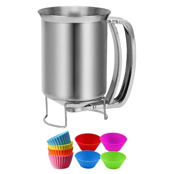 2-i-1 røreskål i rustfritt stål, 800 ml, med trykkhåndtak, pannekakeheller, bakemikser