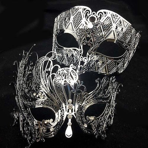 Svart Silver Guld Metall Filigran Laser Skuren Par Venetian Mask Bröllop Boll Mask Halloween Maskerad Kostym Masker Set Silver Clear Diamond