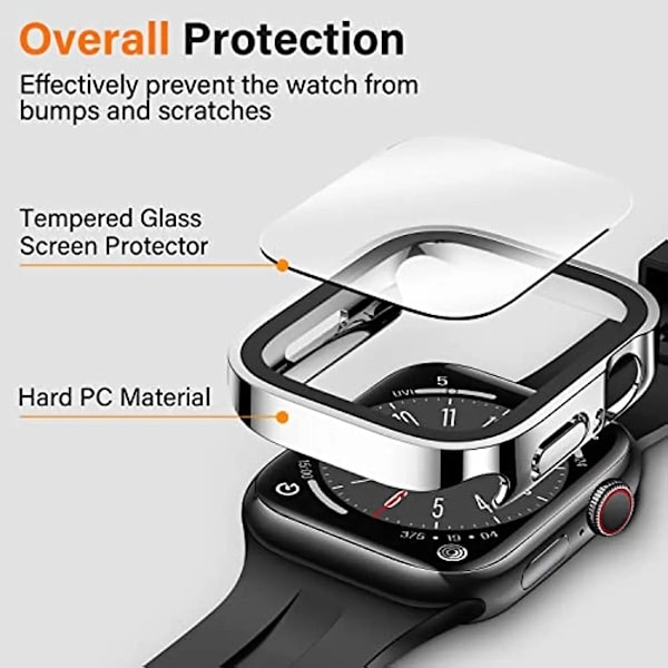 Vattentätt fodral för Apple Watch 7 8 9 45mm 41mm skärmskydd Glas+ skydd Bumper Härdat iWatch 5 SE 6 44mm 40mm Tillbehör Silver Series 4 5 6 SE 44mm