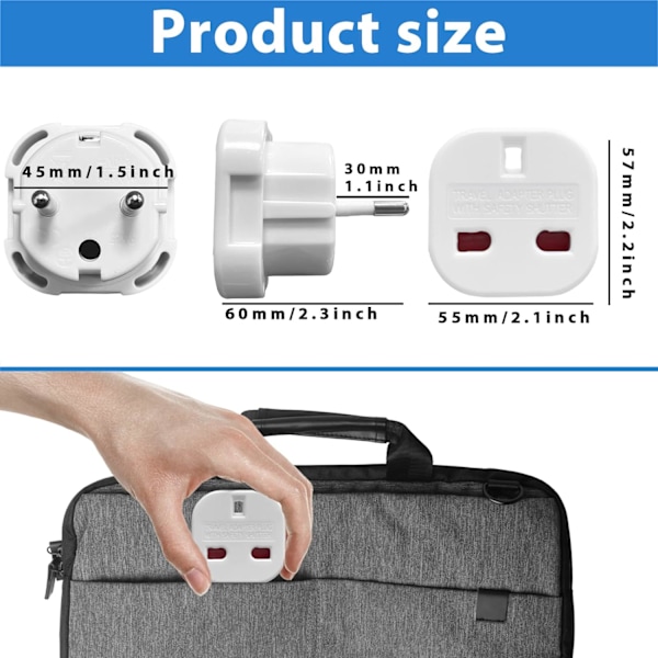 EU-reseadapter, reseadapter från Storbritannien till Europa, typ C, E, F för Spanien, Italien, Portugal, Tyskland, Nederländerna, Grekland med flera (2-pack)