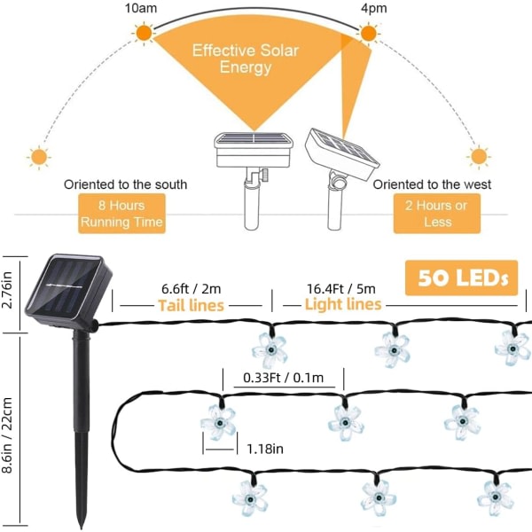 Utendørs solcelledrevne kirsebærblomster lyslenke 50LED vanntett hagegård innendørs juledekorasjon varm hvit