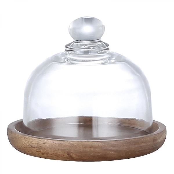 Glaskuppel med træbund Mini kagestativ Glas Display Dome Cloche Klart glas klokkekrukkedæksel til dessert ost slik sukkulenter