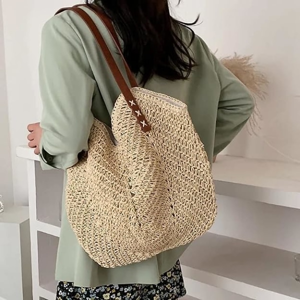 Halmvävd Tote Bag för kvinnor Stor kapacitet Sommar Strand Resväska Axelväska med dragkedja