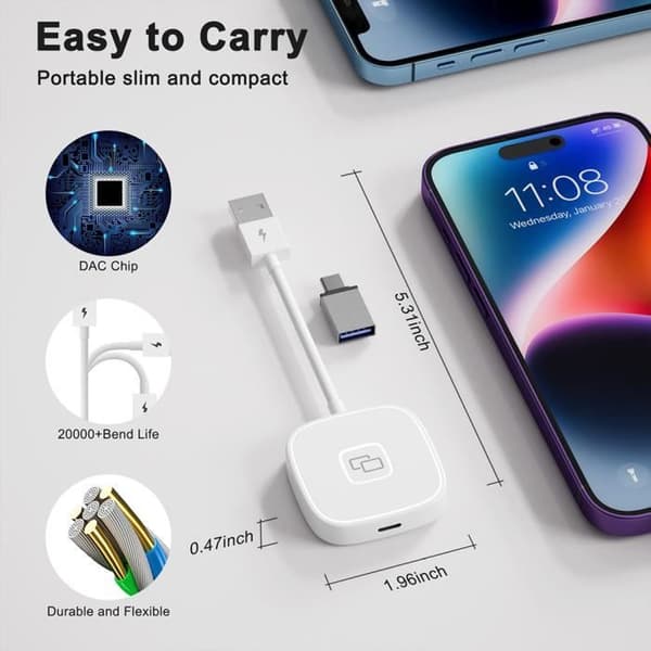 CarPlay-adapter - HELLOVE - THT-020-7 - Trådløs - Skærmspejling - Plug and Play