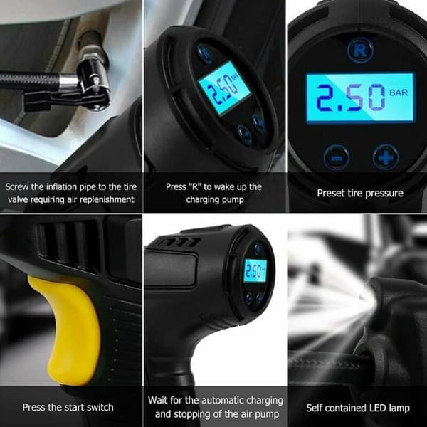 Däckpump - 120W Modell - 2000mAh Batteri - LED Digital Mätare - Bärbar