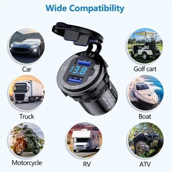 Billader USB Hurtiglading QC 3.0 Dobbel Port Vanntett Adapter 36W Rask Lading med Digital Voltmeter