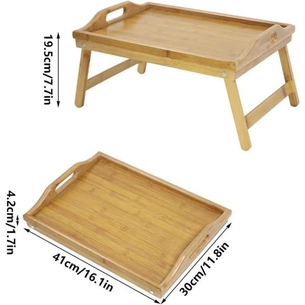 Sengebrett med sammenleggbare ben, bærbart frokostbrett, serveringsbrett, bambusbord, 40*30*21,5 cm