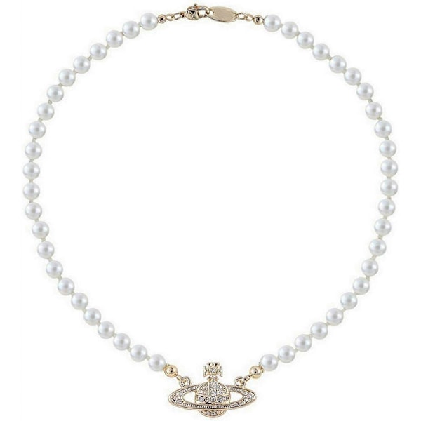 Strass Faux Planet Saturnus Pärlhalsband för Kvinnor Smycken, Falsk Pärlkrage Hänge ett Halsband Män med Charm för Flickor Y2k Smycken Damer Gold