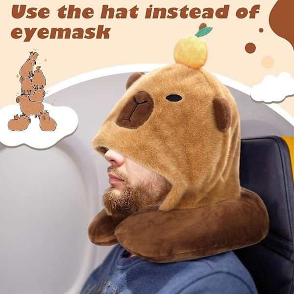 Capybara U-formad Resepillow med Huva, Nacke Stöd Plush Pillow, Huvad Sovtillbehör Nacke Hakstöd Fylld Djur Kudde för Flygplan