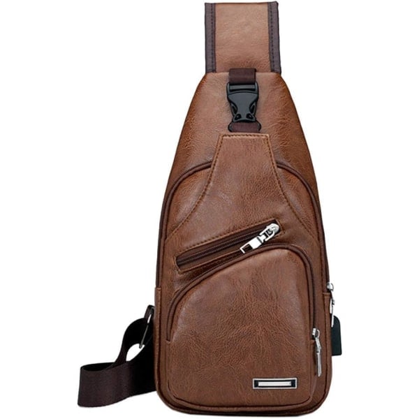 Canvas Sling Bag Ryggsekk Skulderbrystpakke for Menn Kvinner Reise Utendørs Forretning Bærbar Sykling Jakt Vandring Camping Ryggsekk Dagstursekk #21brown(pu/Usb)