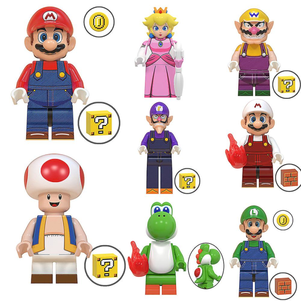 8-delers sett med Super Mario-minifigurer byggeklosser leketøysfigurer