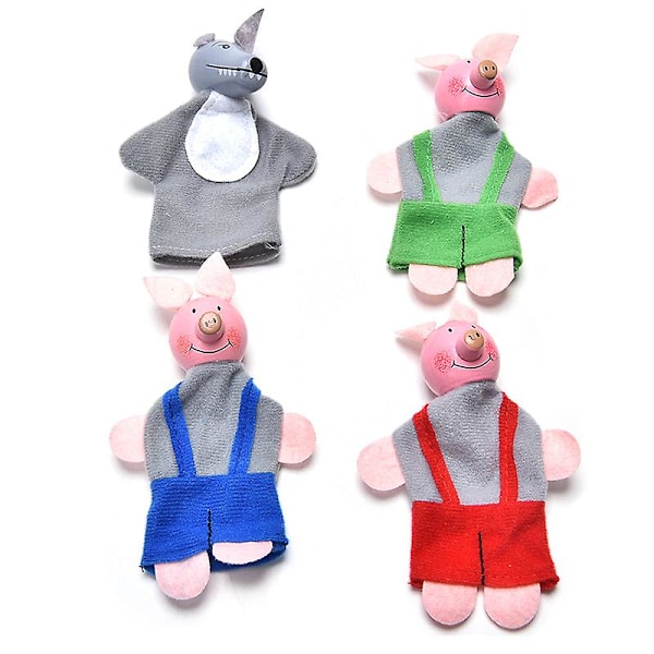 4 st/set Tre Små Grisar Fingerdockor Trähuvud Baby Pedagogisk Leksak