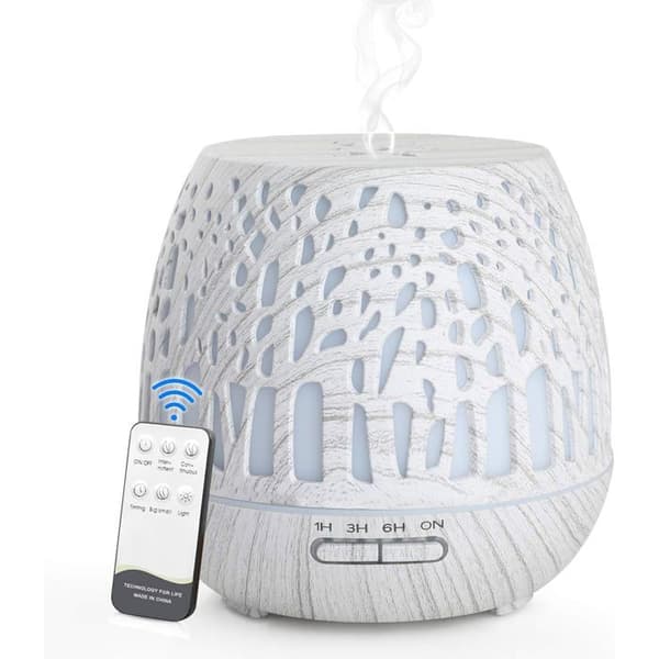 Eterisk oljediffuser - Luftfukter - Med fjernkontroll - Fargeskiftende LED-lys - Hvit trefinish