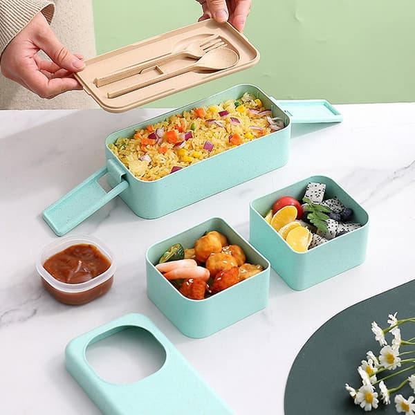 Läckagesäker Bento-lunchlåda med 3 fack, dubbla lager, spänne, mikrovågssäker, stapelbar