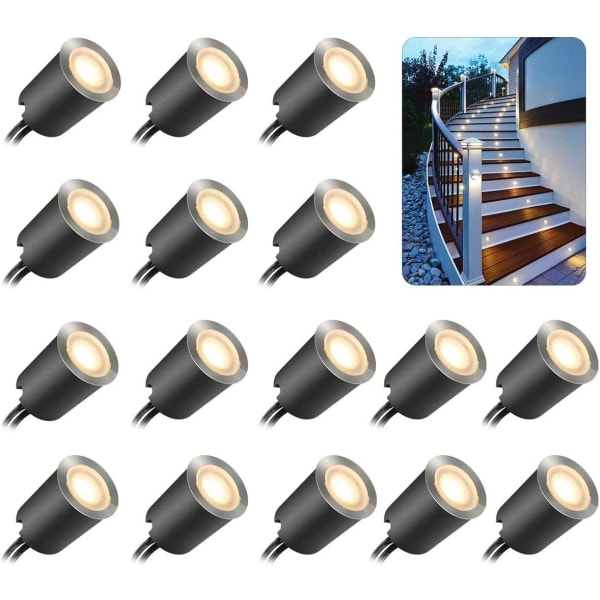 16 stk utendørs LED-innfelte flomlys, IP67 vanntett, Ø 32mm, innfelte flomlys for terrasse, basseng, hage (med EU-plugg, varmt hvitt, 2800k)