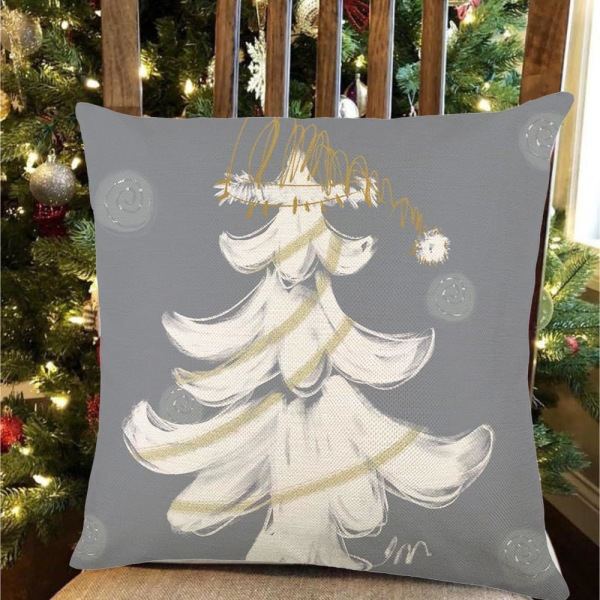Juleelg Putesett 45x45cm 2-pak hvitt og grått juletre akvarellhjort gull julepynt