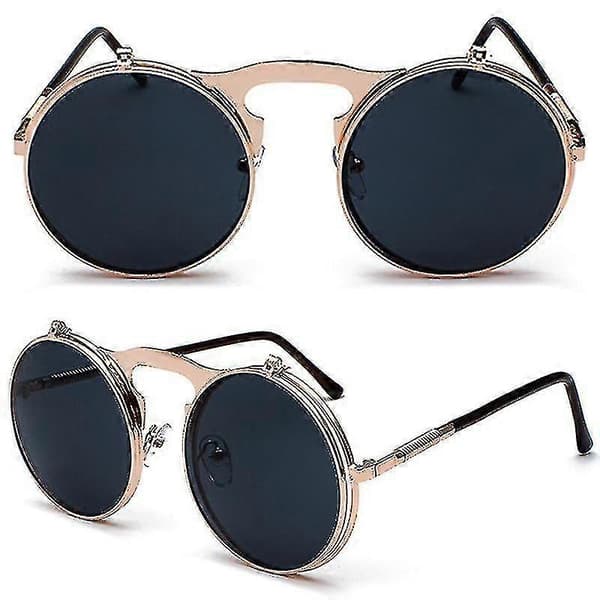 Herr Unisex Solglasögon Uppfällbara Linser Runda Glasögon Pink Frame Grey Lenses