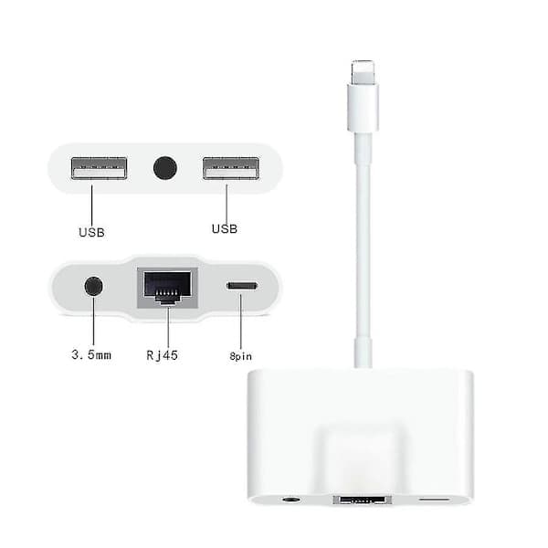 Lightning til Rj45 Ethernet Lan kablet nettverksadapter 5 i 1 Usb Otg Lan Rj45 Ethernet 3,5 mm høyhastighetskonverterer