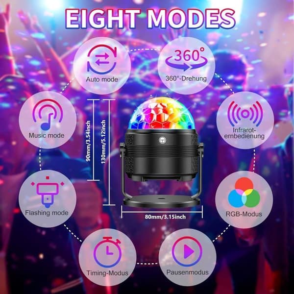 Diskolyskugle til DJ-fester - 15 lysfarver, timer, musik, 360° rotation, lysende og USB 4M/13 fod