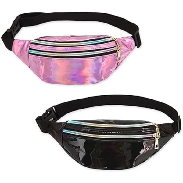 2 st Holografiska midjeväska, Iridescent midjeväska, Glansig midjeväska Vattentät för sport, resor Black,Silver