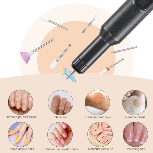 Elektrisk nagelfil, sladdlös nagelfilmaskin med 12 nagelfilar, bärbar nagelfilkit med trådlös laddningsbas Black