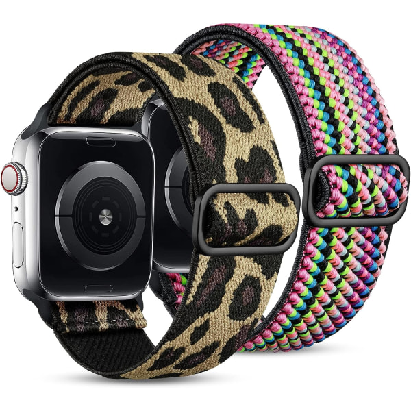 2 hihnaa yhteensopiva Apple Watch Hihnojen 45mm/44mm/42mm, Nylon Sport Elastic Replacement Solo Loop kanssa iWatch SE Ultra Series 8 7 , Rainbow/Leopard