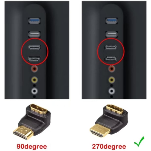 Retvinklet HDMI-adapter 90 grader og 270 grader, han til hun HDMI 2.0-stik til 4K og 3D, vægmonteret TV/laptop/Roku Stick, 2 stk. (1 par)