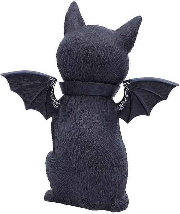 Befengede Okkulte Katt Figur, Polyresin, Svart og Sølv (Vinge Katt)