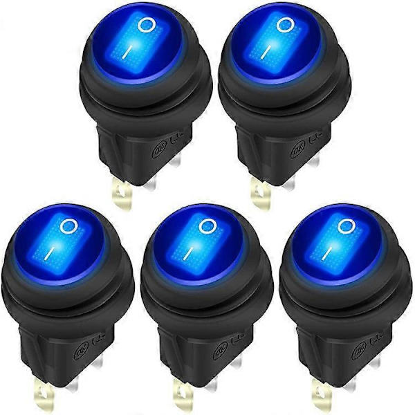 12V 20A Vattentät Vippbrytare Blå LED-belyst Rund PÅ AV 3-polig 12 Volt Väderbeständig Belysning för Marin Bil Husbil Lastbil -5-pack