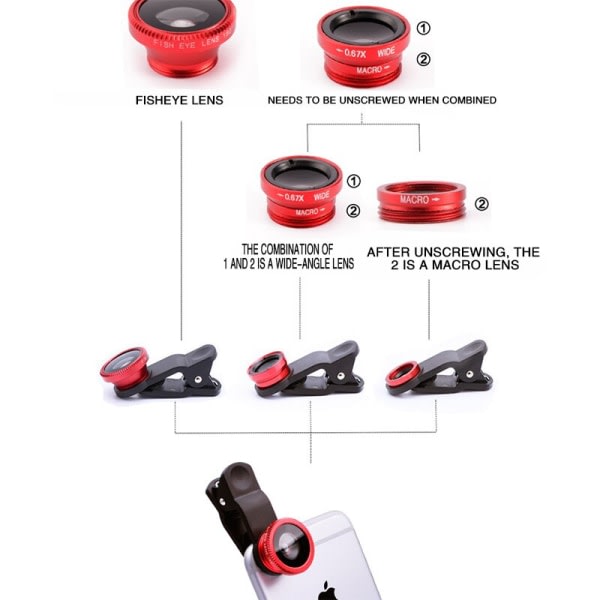 3-i-1 Fish Eye-objektiv 0,67X vidvinkelzoom Fisheye-makroobjektivkamerasæt med klemme Universalobjektiv til iPhone 13 Xiaomi Huawei Red