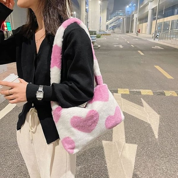 Y2K Stor Kapacitet Färgglad Blommig Hjärtmönstrad Fluffig Väska Casual Plysch Crossbody Axelväska Handväskor & Axelväskor För Kvinnor-Rosa Kärlek