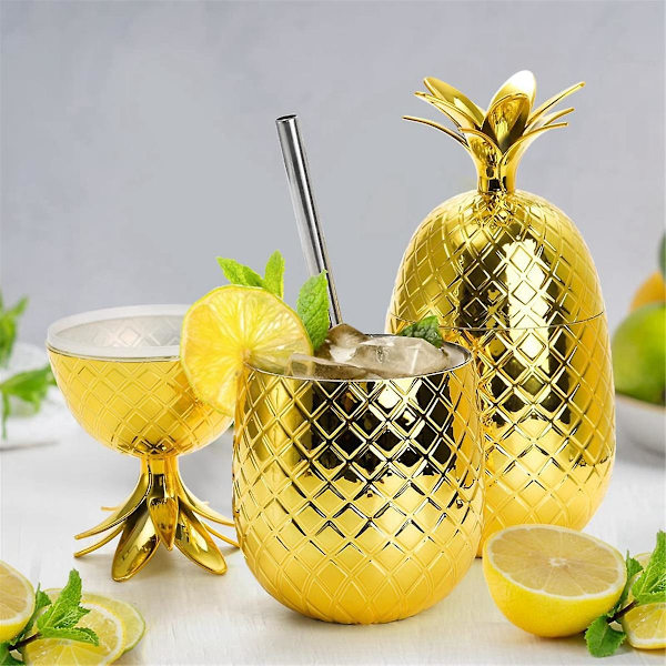2 Pak Ananas Drikkekopper, 450ml Guld Ananas Med Strækbar Halm, Hawaiiansk Luau Party Kopper