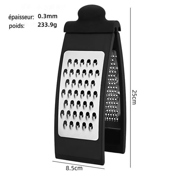 Multifunksjonell rivjern, laget av rustfritt stål og ABS, med dobbeltsidig riving, vertikal buet form og elegant design.