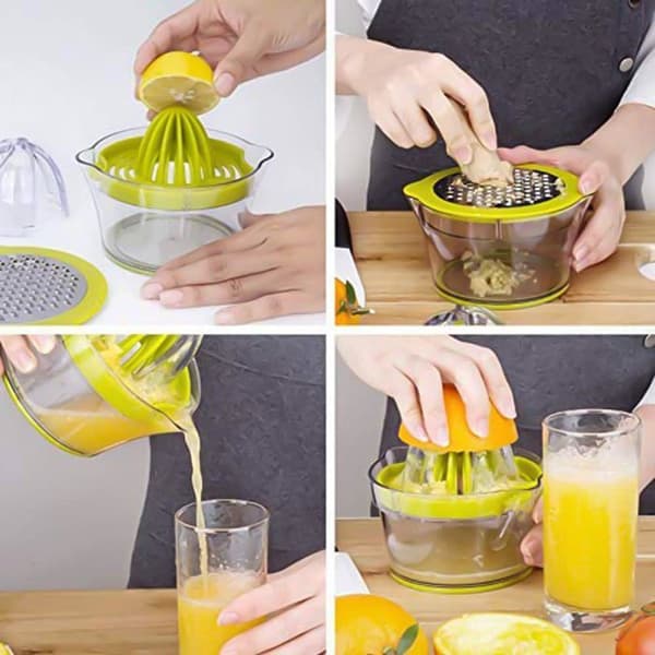 Multifunksjonell manuell sitruspresse, 4-i-1 sitruspresse for appelsiner, sitroner, sitrusfrukter, med 1 rivjern, gravert 400 ml mål