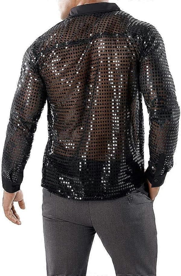 Skinnende Paillet Disco Danse Mesh Top til Mænd - 60'er 70'er Festskjorte Sort Black S