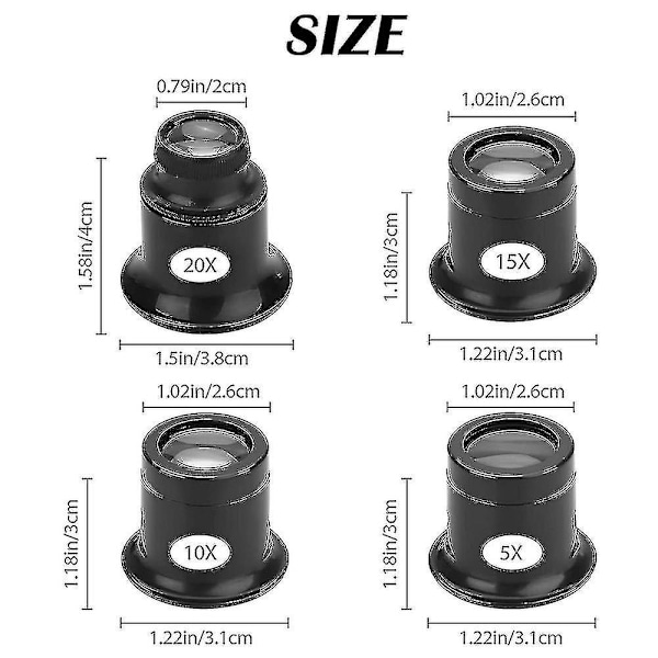 Øjenbrillesæt med forstørrelsesglas 5x 10x 15x 20x - 4 stk. Urmagerloupe Forstørrelsesglas