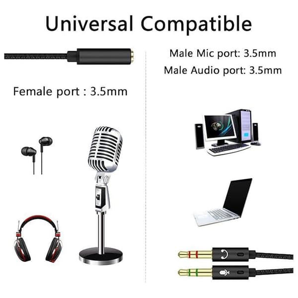 3,5 mm Stereo Audio Jack Adapter, Y-Splitter Adapter til Hovedtelefoner og Mikrofoner, til PC, PS4, Xbox One og Computere - 0,5 m Kabel