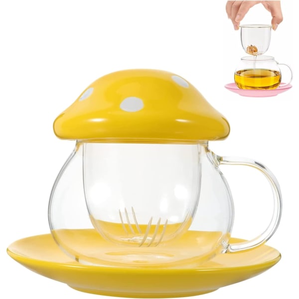 Svampmugg, tekopp med infuserare, kaffekoppar i glas, med glasunderlägg. Kopplock. Tesil, 290 ml (gul)