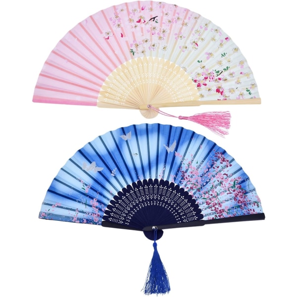 Antik hopfällbar fläkt handhållen fläkt med tofs bambu fläkt damer för väggdekoration, presenter, blå fjäril och rosa körsbär (paket med 2)