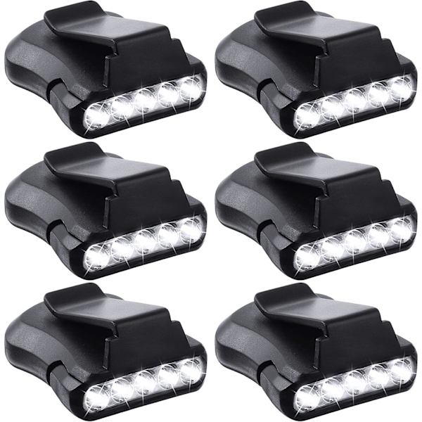 6 stk klipshodelamper Hodelamper Tilbehør til Hjelm 5 LED Roterbar Cap Hat Lys Klips på Lommelykt Lys Klips på Cap Lys(Svart)