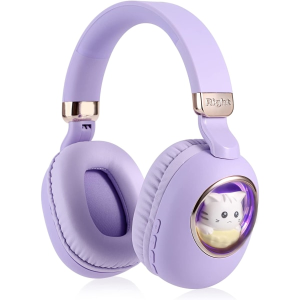 Trådløse hodetelefoner for barn, Bluetooth Over Ear-hodetelefoner med søte katter fargerike LED-lys, trådløst og kablet, sammenleggbart, innebygd mikrofon (lilla)