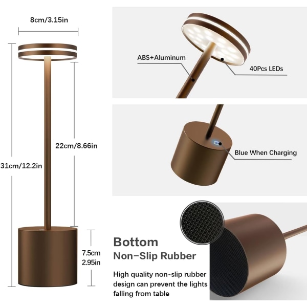 Uppladdningsbar sladdlös LED-bordslampa, 5000mAh batteridriven bordslampa, 3 färglägen, dimbar, USB-skrivbordslampa för hem, matsal, inomhus, utomhus Brown