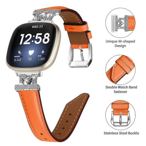 For Fitbit Versa 3/Versa 4/Sense/Sense 2 M-formet ekte lærreim til klokke Orange Fitbit Versa 3