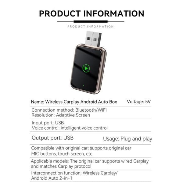 CarPlay-adapter / Bilradio / Billjud - Trådlös - Bluetooth 5.3 - USB Typ-C - Plug and Play