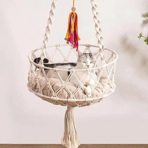 Hengekøye for katt i makrame-design, beige 30cm