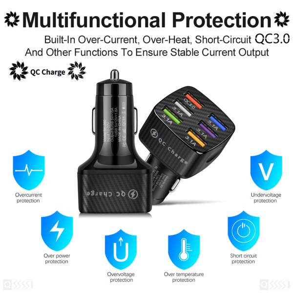 USB-laturi, auton moniporttinen virtalähde, QC3.0-sovitin, 6 USB-porttia, puhelimen GPS-laturi Android/iOS-laitteille, musta